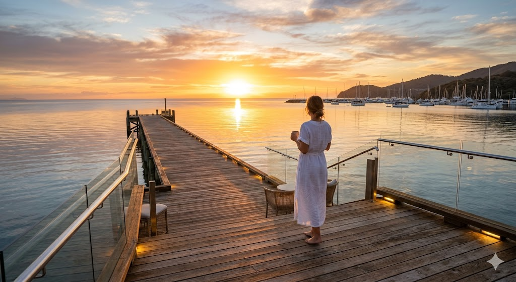 거친 시장의 파도를 넘어 평온한 은퇴의 항구에 도착해 여유롭게 일출을 감상하는 투자자의 모습