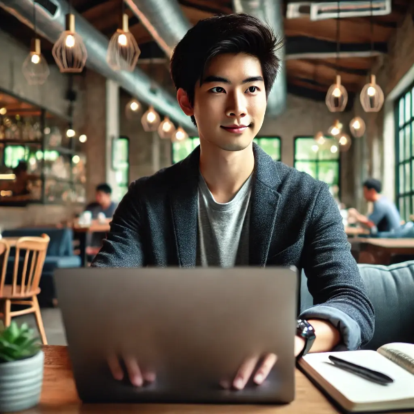 카페에서 스타트업 아이디어를 구상하는 젊은 아시아인
