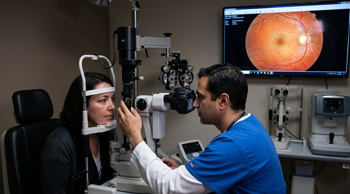 안과 정밀검진 장비로 눈을 측정하는 모습