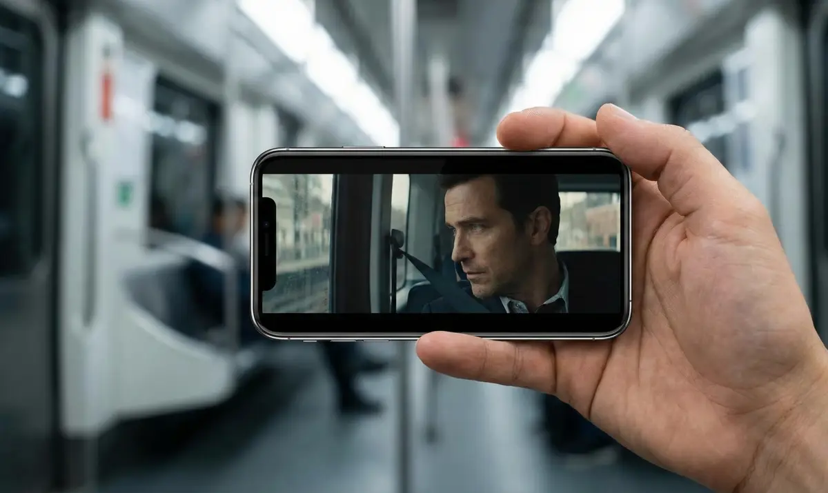 지하철에서 스마트폰으로 고화질 영화를 시청하고 있는 손의 클로즈업