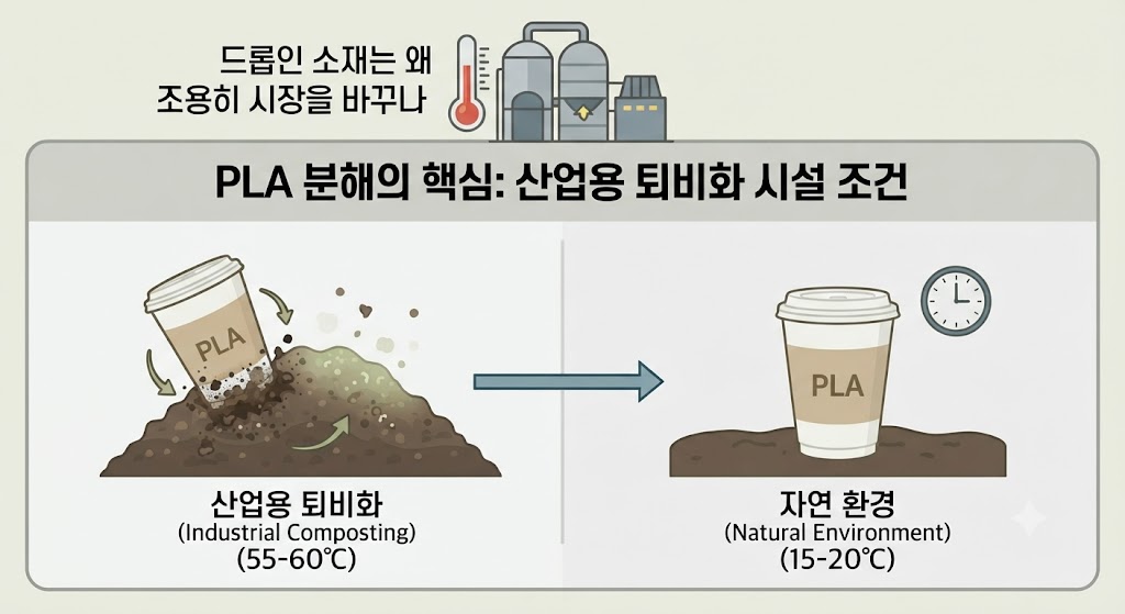 이미지 상단에는 'PLA 분해 조건'이라는 제목과 함께 온도계(55~60°C), 습기, 통기성 아이콘을 배치했습니다. 하단에는 일반적인 자연 환경인 '차가운 바다(15°C)'와 '일반 토양' 속에 버려진 PLA 컵이 거의 분해되지 않고 긴 시간이 지난 후에도 그대로 남아있는 모습을 대조적으로 그려 넣어, 소비자의 오해를 불식시킵니다.
