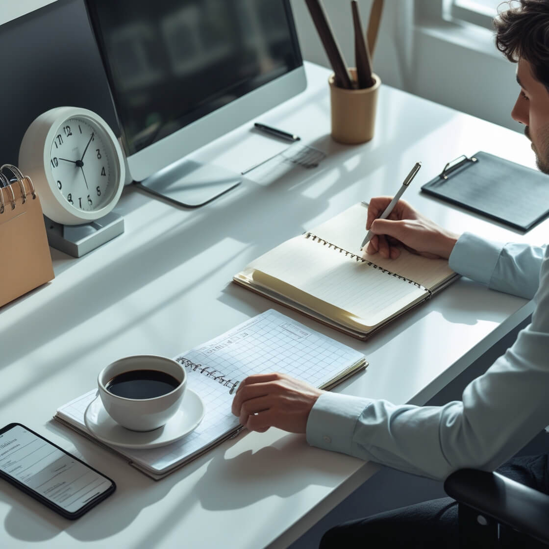 사무실에 앉아 한 가지에 집중해서 업무 하는 남성