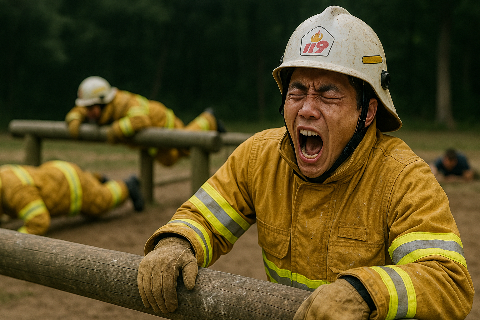 물에-젖은-소방복을-입고-장애물-훈련을-버티는-소방공무원-지원자의-필사적인-모습