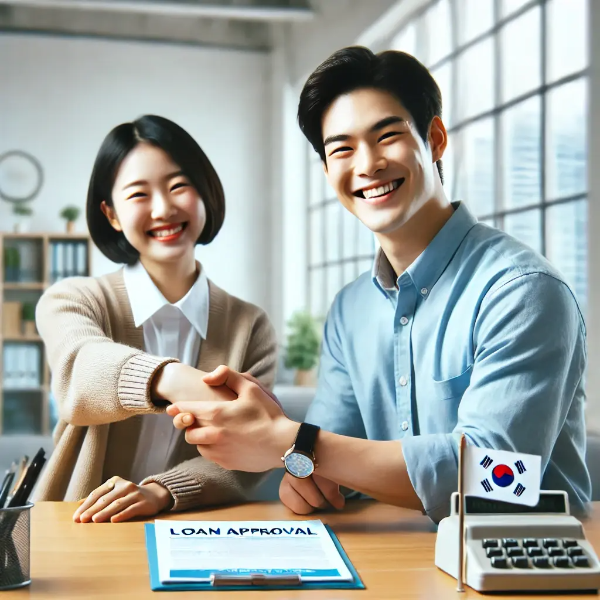 금융 전문가와 악수하며 대출 승인을 받은 한국인, 신용등급 관계없이 가능한 정부 지원 대출 컨셉