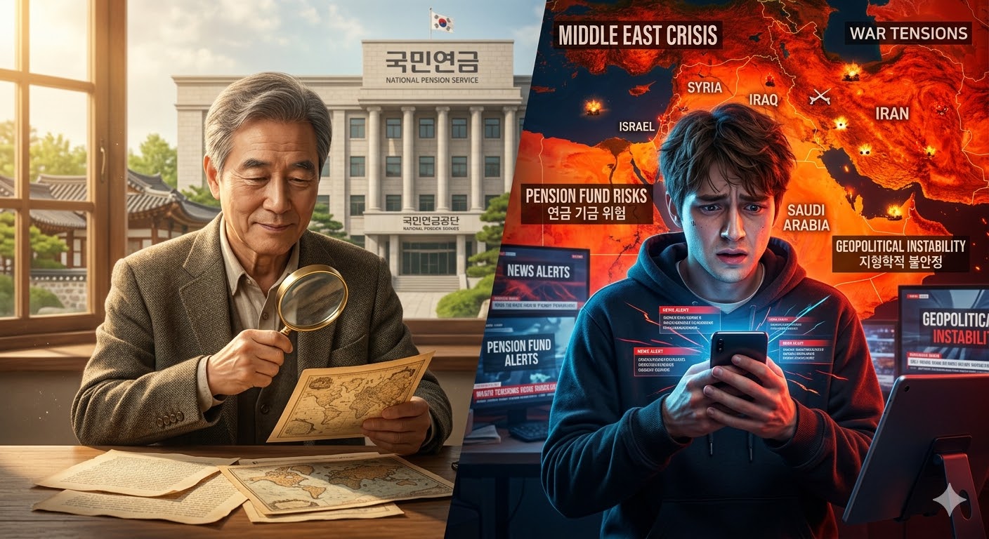 돋보기를 든 인자한 미소의 60대 어르신과 머리를 감싸 쥔 20대 청년의 모습이 대비되고, 그 뒤로 국민연금 타워와 불타는 중동 지도가 겹쳐진 3D 일러스트