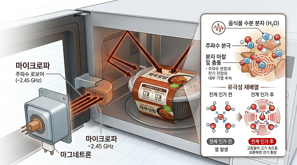 전자레인지 내부의 마그네트론에서 발생한 전자기파가 음식물을 가열하는 원리 시각화