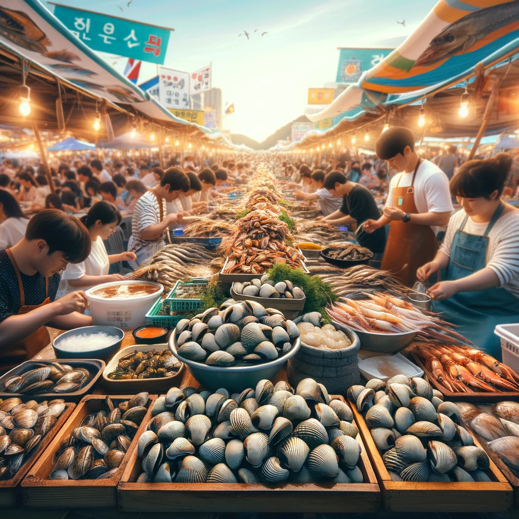  해산물 축제에서 판매되는 신선한 새조개