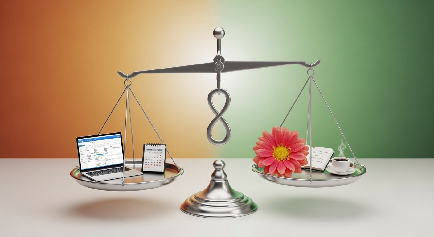 노트북과 꽃, 책이 올려진 저울이 완벽한 균형을 이루는 모습. 일과 삶의 균형을 상징합니다.