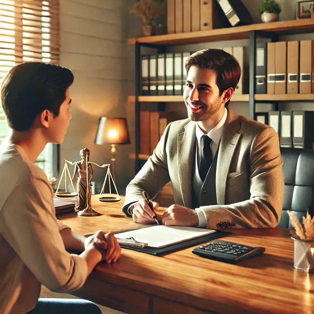 유언자와 변호사가 법률 문서를 검토하며 대화하는 장면