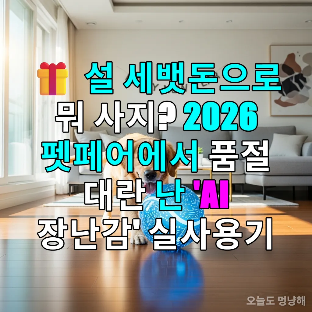 2026년 한국 거실에서 스마트 AI 공 장난감을 가지고 노는 골든 리트리버 강아지