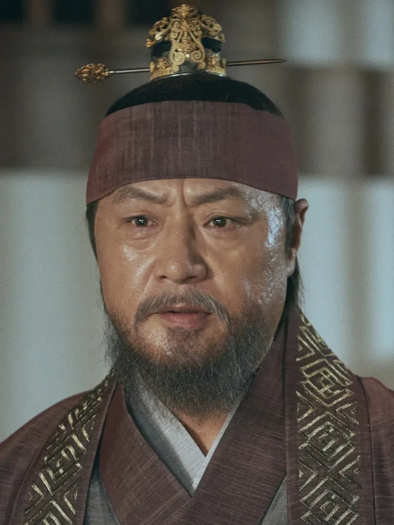 머리에 두건을 쓰고 붉은 가야 귀족 복장과 턱수염이 긴 드라마 낮에 뜨는 달의 소리부 캐릭터