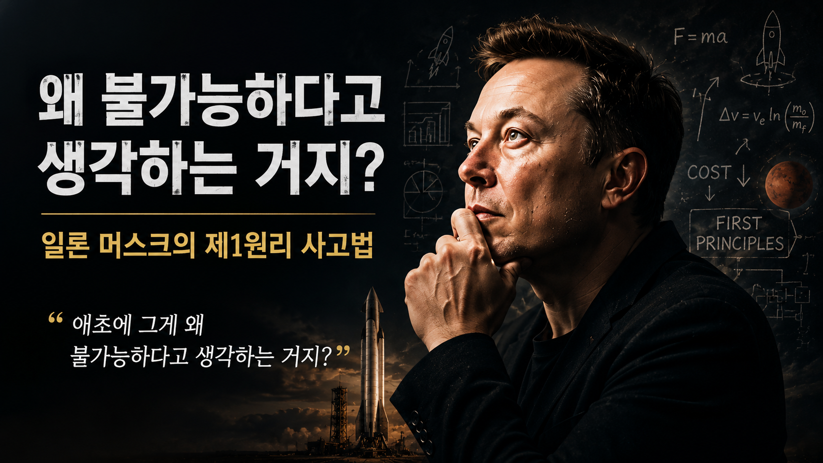 왜 불가능하다고 생각하는 거지?"라는 문구와 함께 고뇌하는 일론 머스크의 모습. 제1원리 사고법의 시작은 당연한 상식에 대한 의문에서 비롯됨을 보여줍니다.