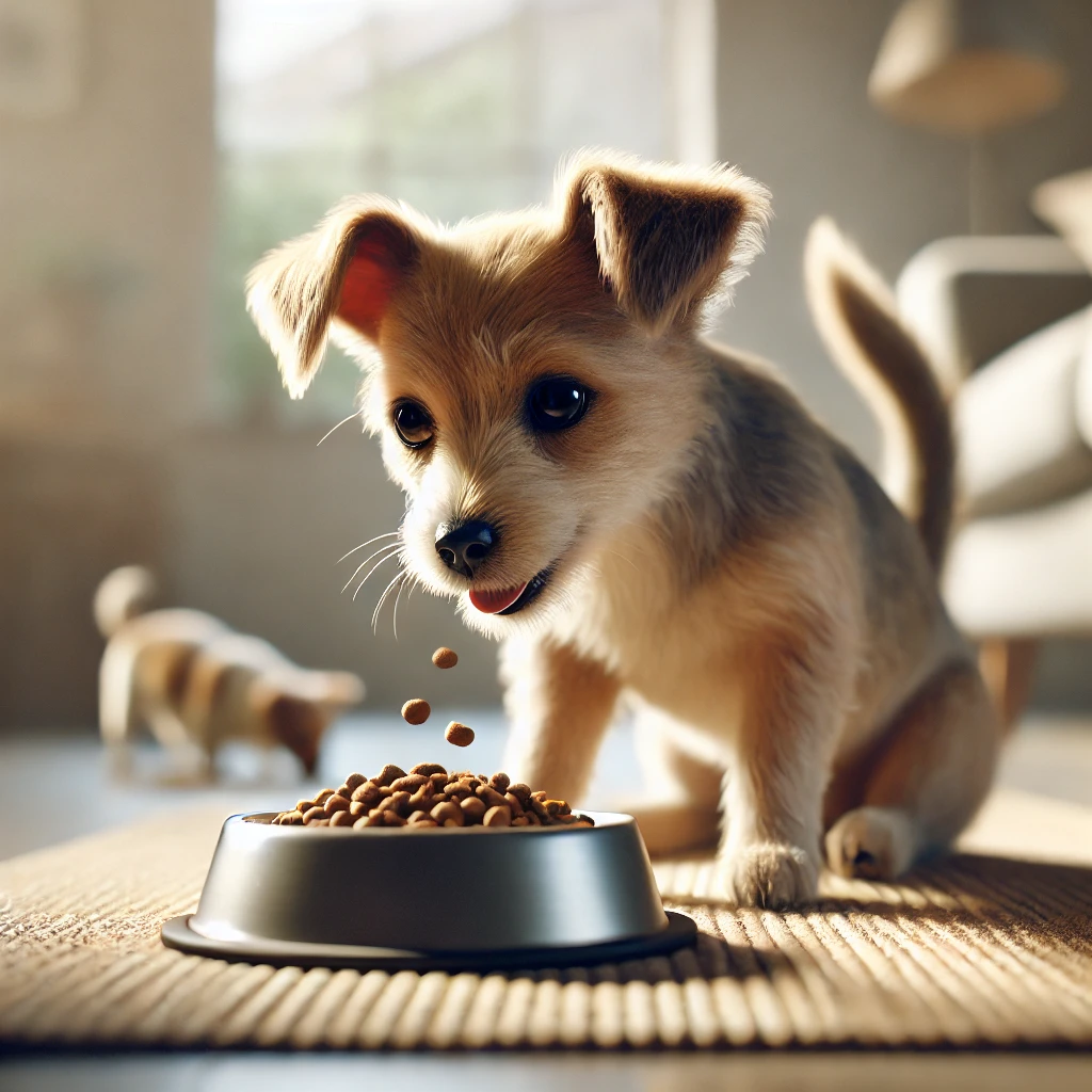 소형견이 맛있게 사료를 먹고 있는 모습