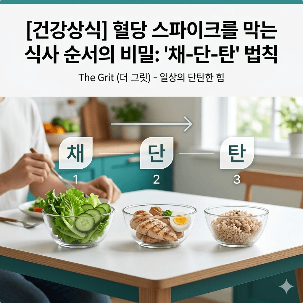 "혈당 스파이크를 방지하는 식사 순서인 '채소-단백질-탄수화물(채-단-탄)' 법칙을 시각화한 '더 그리트(THE GRIT)' 건강상식 썸네일"