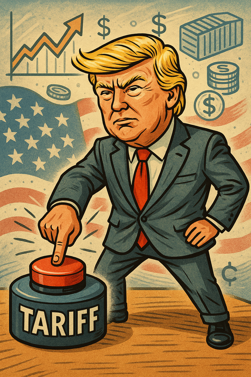 트럼프 대통령이 관세 버튼을 누르는 포즈 이미지