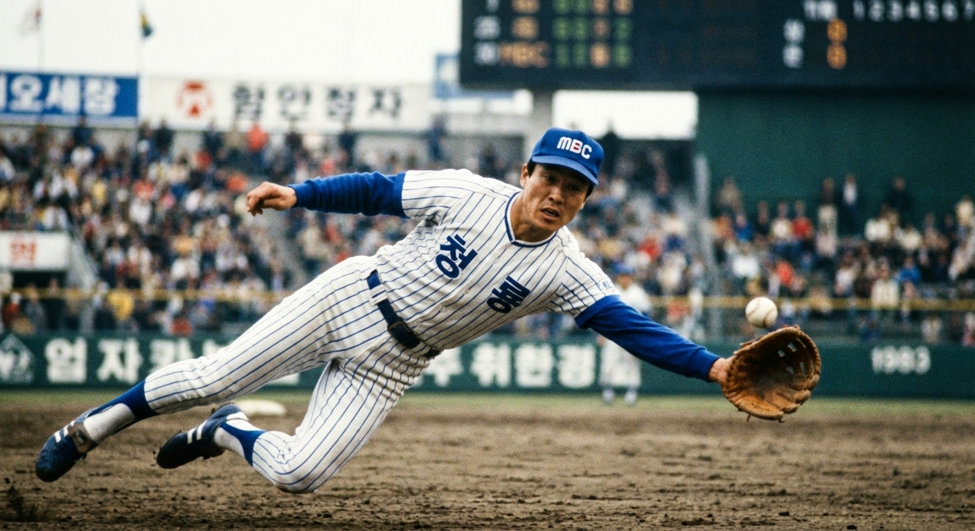 MBC 청룡의 유격수 김재박 선수가 다이빙 캐치를 하는 역동적인 모습.