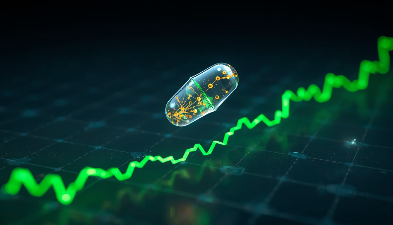 3D illustration of a futuristic mRNA lipid nanoparticle capsule floating over a rising stock chart.