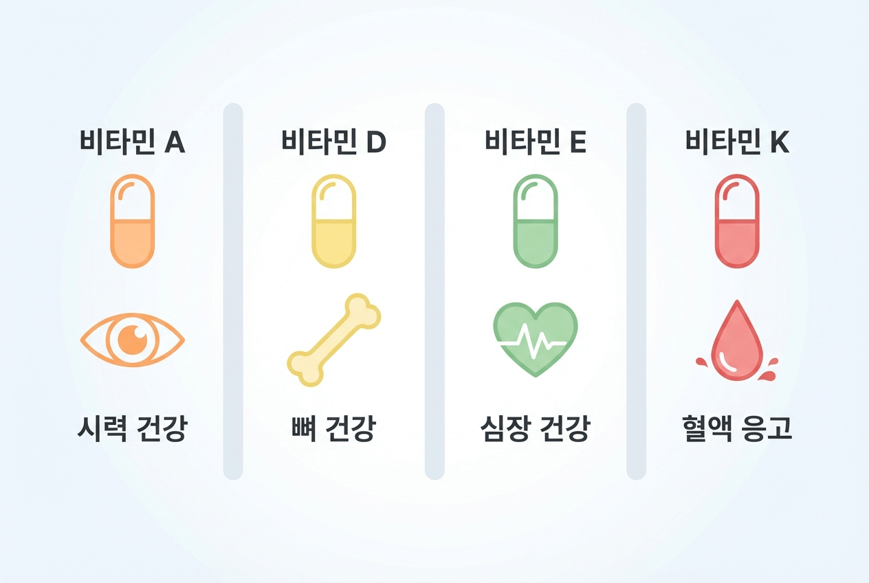 비타민 A D E K 네 가지를 각각 아이콘으로 표현하고 주요 역할을 간단히 배치한 인포그래픽, 눈 뼈 심장 혈액 아이콘