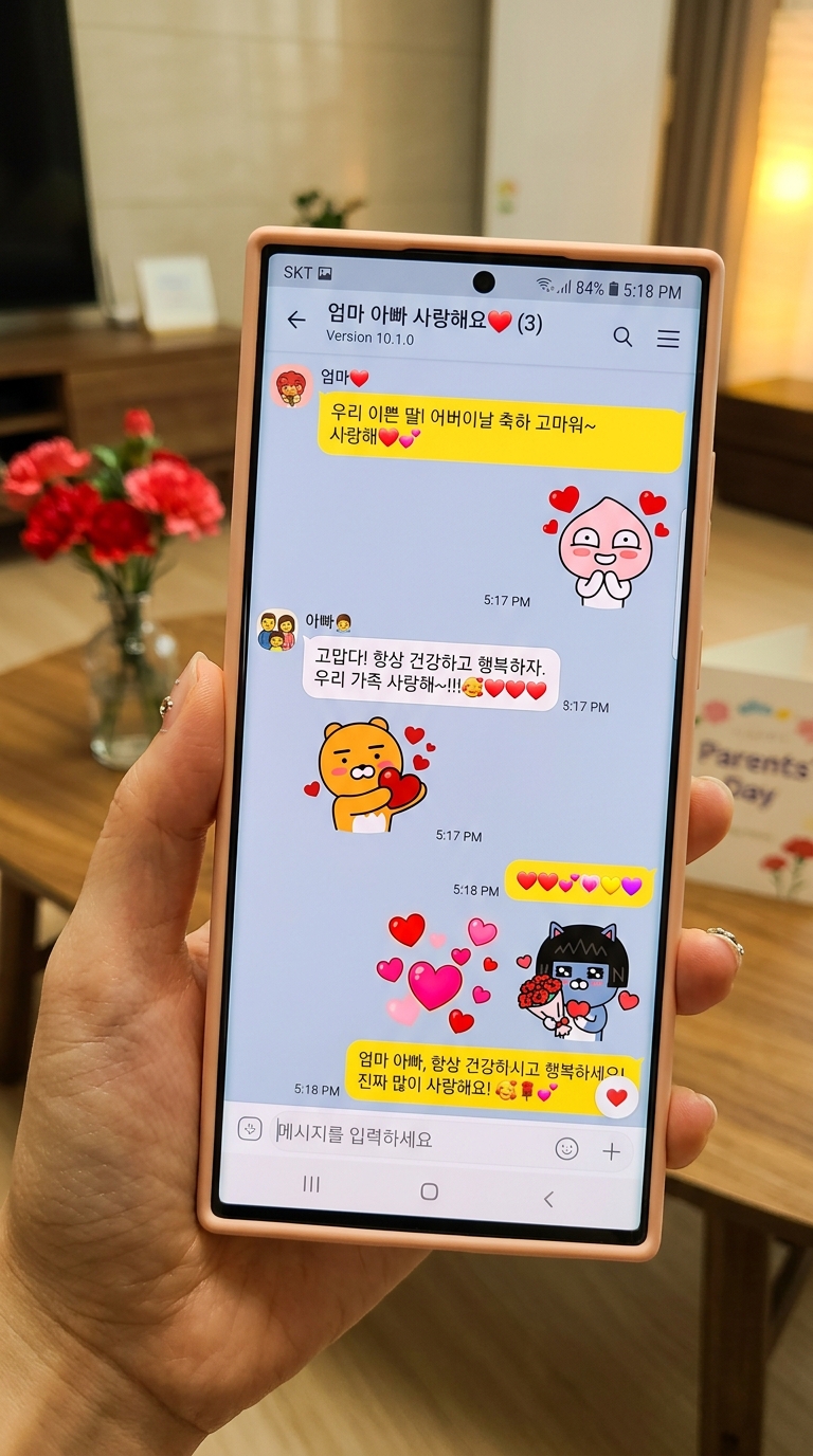 스마트폰 화면에 카카오톡 대화창과 하트 이모티콘이 가득한 모습