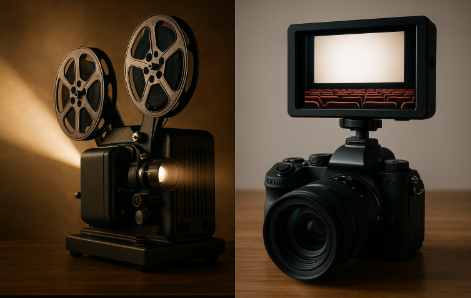 오래된 영사기와 최신 비디오 카메라