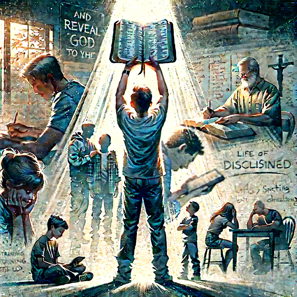 This image represents a person living out Psalm 76:11&amp;#44; committed to keeping their promises to God with discipline and conviction. It shows them holding the Bible up&amp;#44; signifying their faithfulness&amp;#44; while also teaching their children about God&amp;#44; symbolizing the effort to pass on this faith. The light represents God&amp;#39;s guidance&amp;#44; as they strive to reveal Him to the next generation.