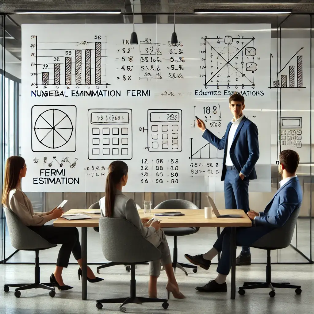 화이트보드 앞에서 숫자 추정 문제를 설명하는 직장인과 회의 중인 사람들 모습