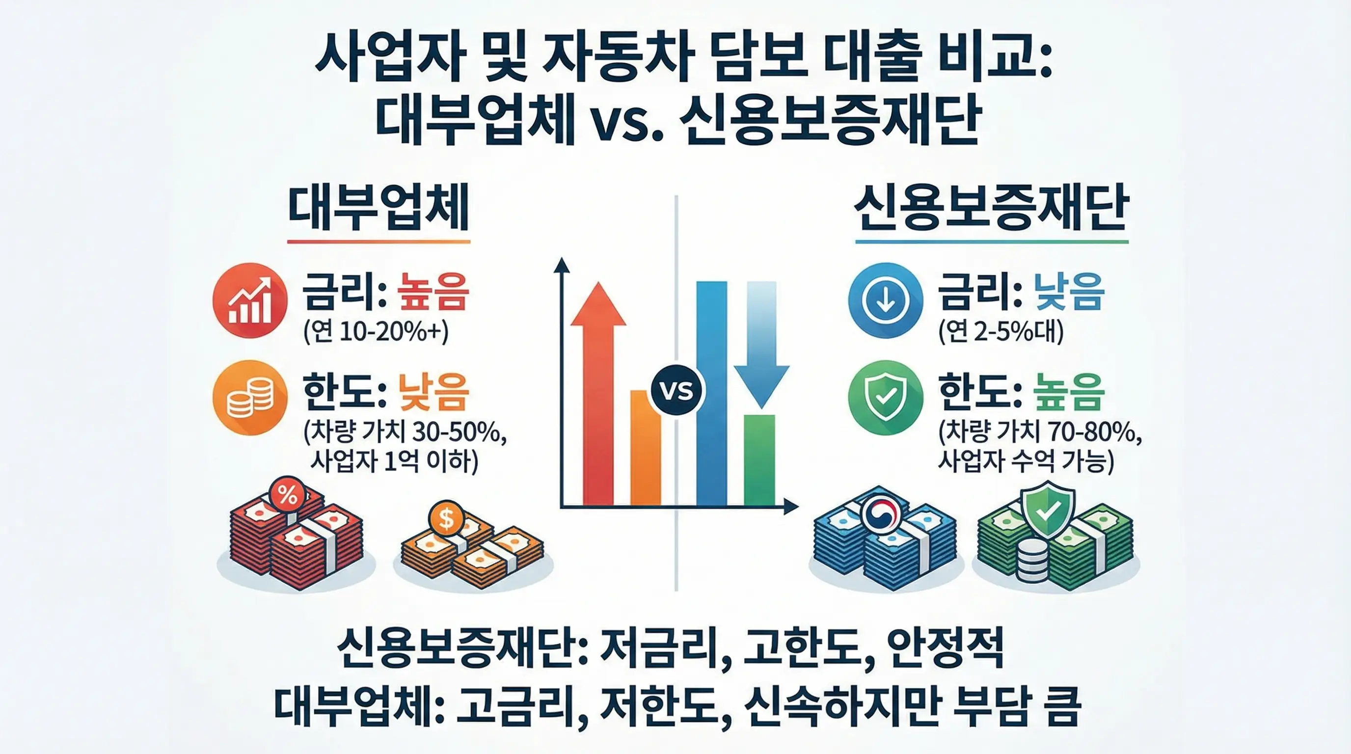 사업자 및 자동차 담보 대출 이용 시 대부업체와 신용보증재단의 금리 및 한도 차이를 보여주는 인포그래픽