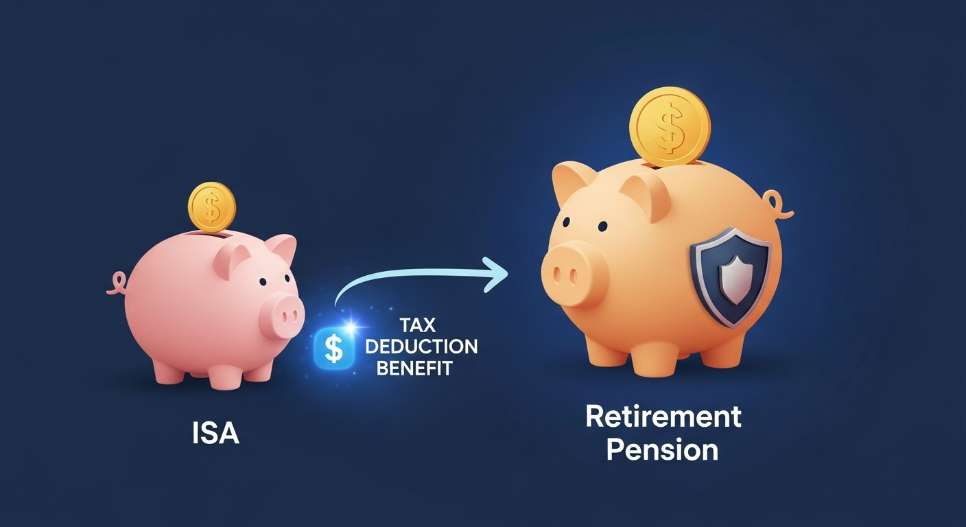 ISA 계좌에서 연금 저축 계좌로 돈이 흘러들어가는 화살표와 세금 혜택 아이콘