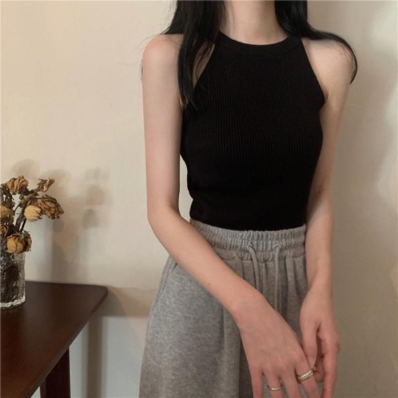 여성 홀터넥 민소매 골지 나시티