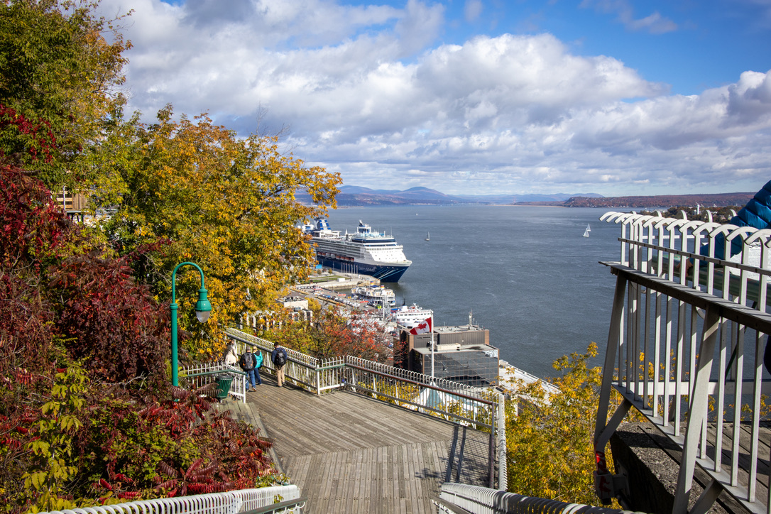 왼쪽으로 단풍이 든 나무, 그리고 가운데로 사람이 걷는 길이 보인다. 높은 곳에서 아래를 내려다 본 사진. 아래로는 강이 보인다.