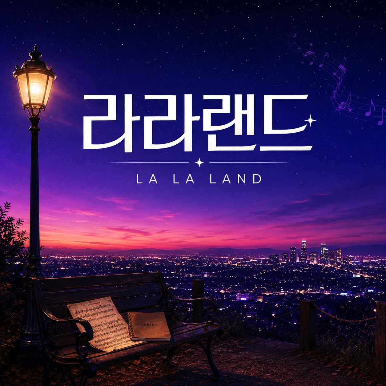 영화 라라랜드를 표현한 별이 빛나는 밤하늘과 로스앤젤레스 야경, 가로등과 악보가 놓인 벤치 이미지