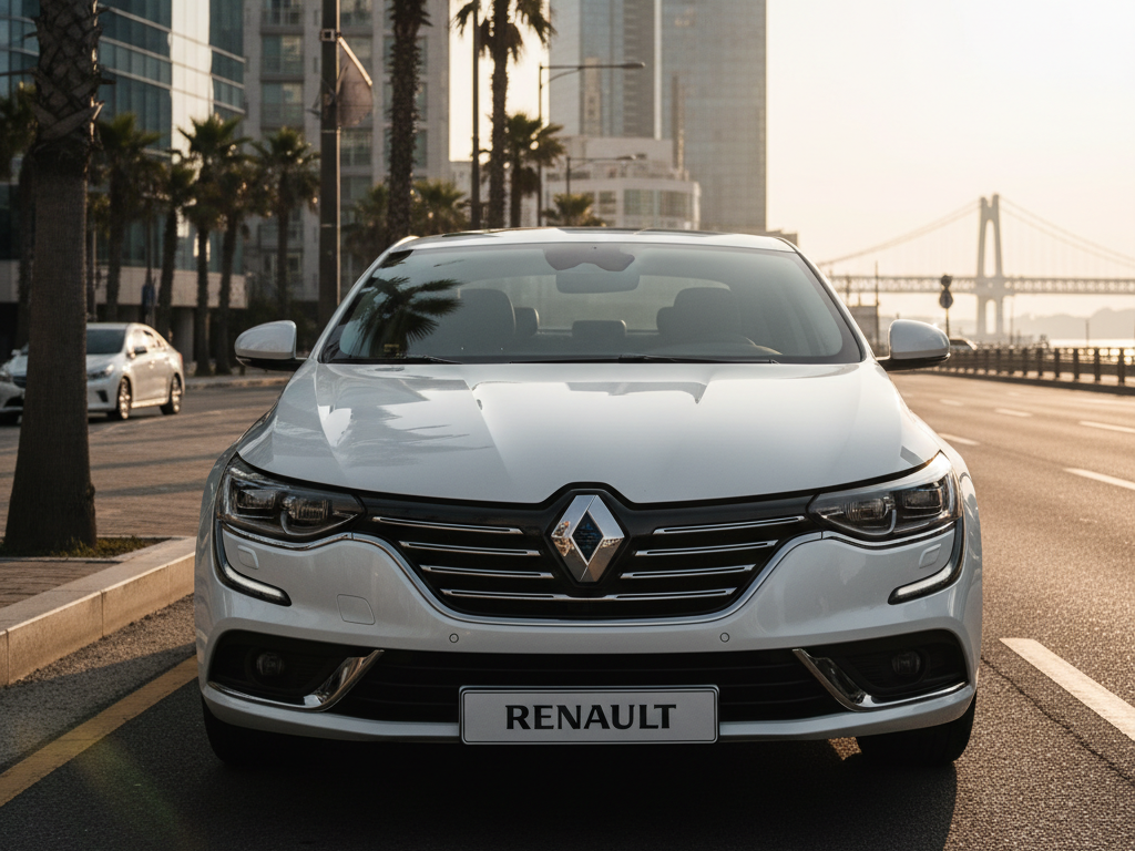 도시의 야자수 나무와 고층 빌딩을 배경으로 햇빛을 받고 있는 전면의 흰색 르노 세단 차량