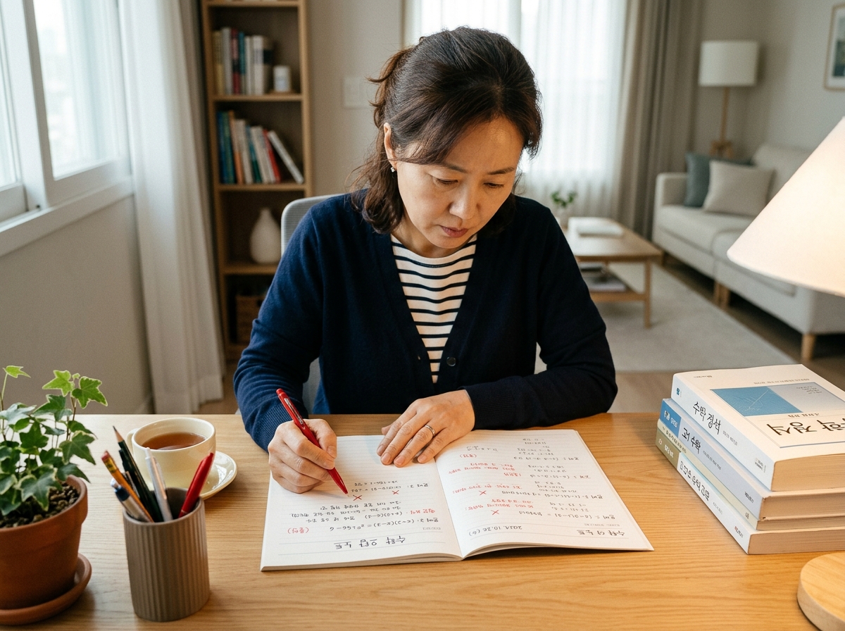 학부모가 고등학생 자녀의 수학 오답 노트를 점검하며 취약점을 관리하는 모습