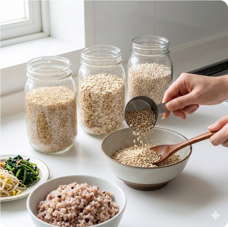 현미·귀리·보리를 섞어 잡곡밥을 준비하는 장면과 완성된 잡곡밥 한 그릇