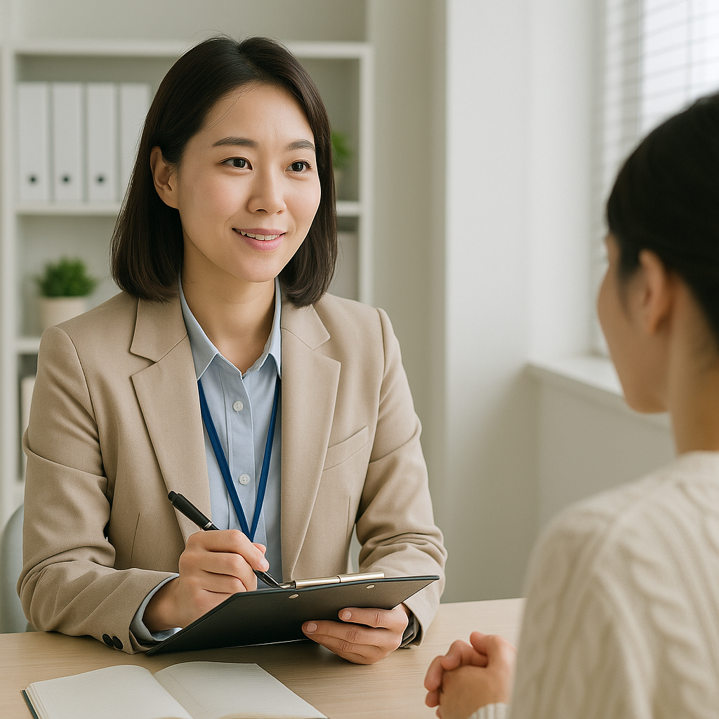 30대 한국인 여성 사회복지사가 내담자와 상담을 진행하는 모습