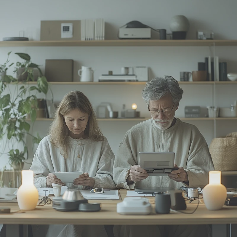 안락한 조명 아래, 은퇴한 부부가 월수익 운용격을 자신감 있게 검토하며 미래에 대한 차분한 느낌을 담은 장면.