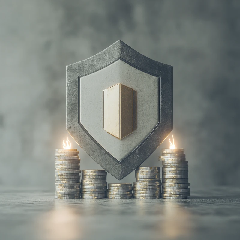 커버드콜 ETF의 변동성 방어 전략과 지속적인 현금흐름을 상징하는 보호 아이콘으로, 방어적 ETF 투자, 시장 리스크 대응, 안정 배당, 초보 안전 투자 포인트가 함축적으로 드러남