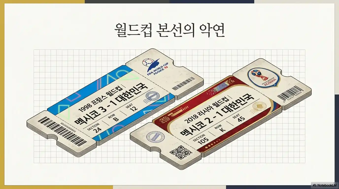 1998년 프랑스 월드컵 3대1 패배, 2018년 러시아 월드컵 2대1 패배 기록이 적힌 두 장의 티켓 일러스트