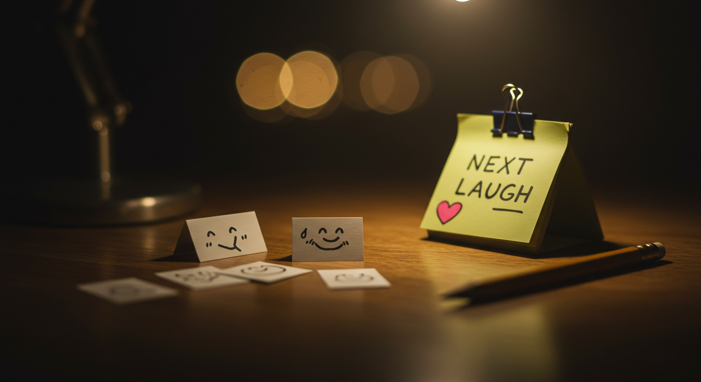 밤 조명 아래, 미니어처 대사 카드와 작은 연필, 'Next laugh' 메모가 있는 틸트쉬프트 마무리 장면