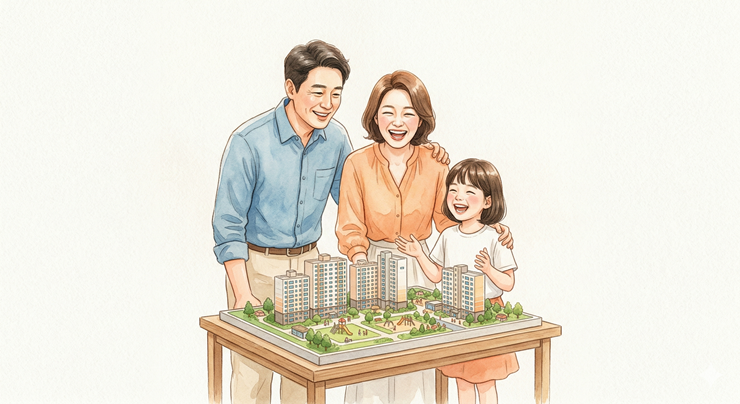 3기 신도시 공공분양으로 내 집 마련의 희망을 품은 4050 가족 일러스트