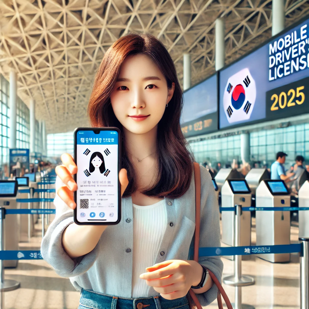 공항에서 스마트폰으로 모바일 운전면허증을 제시하는 한국 여성. 2025년 디지털 신분증 사용 장면.