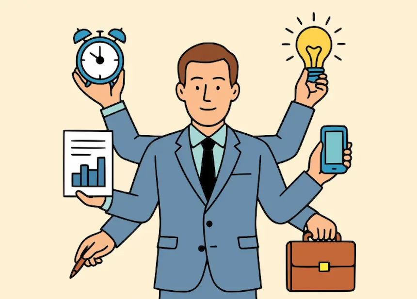 여러가지 아이템을 한번에 꺼내들고 제안하는 웃는 표정의 남성