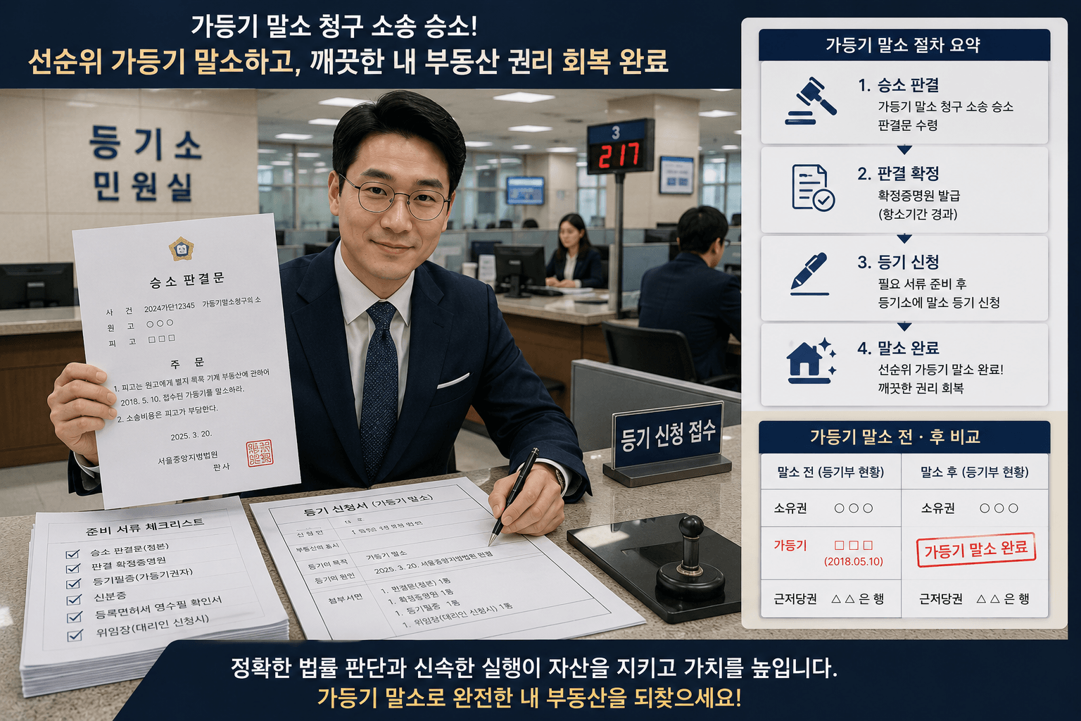 법원 재판부로부터 송달받은 가등기 말소 청구 소송 승소 판결문을 들고 등기소 민원실에 방문하여 선순위 가등기를 깨끗하게 지워버리는 등기 신청 서류를 작성하는 자산가모습