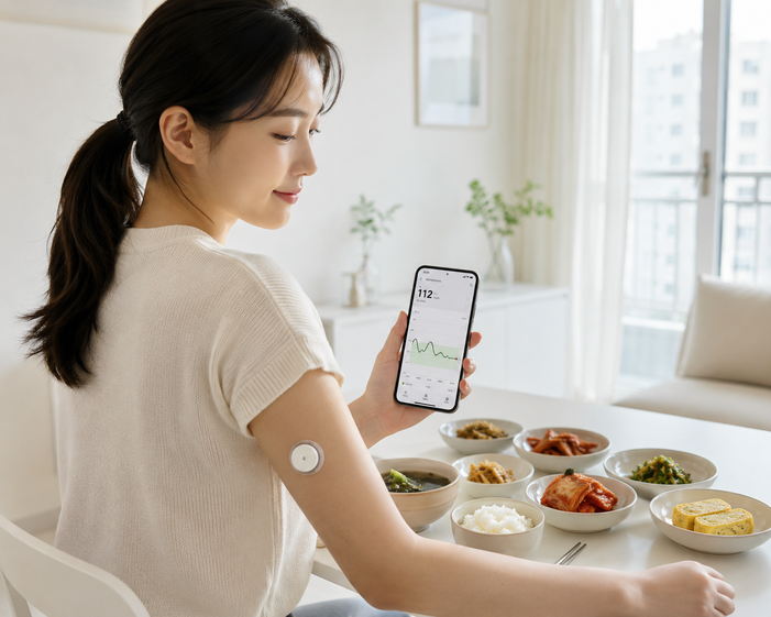 팔뚝에 CGM 센서를 부착하고 스마트폰으로 실시간 혈당 변동 데이터를 확인하는 장면