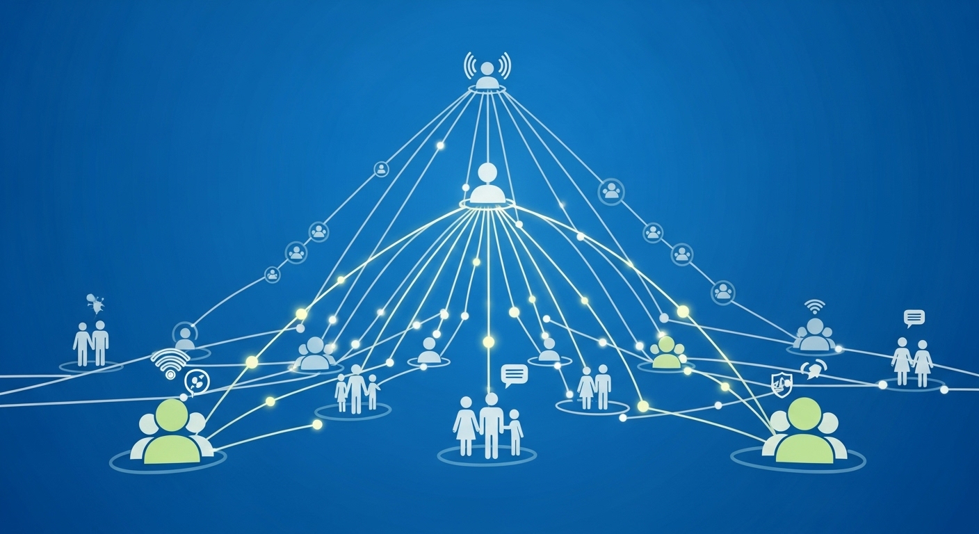 빛나는 선과 점으로 연결된 사람들의 추상적인 네트워크, 온라인과 오프라인 커뮤니티를 통한 사회적 연결망을 시각화.