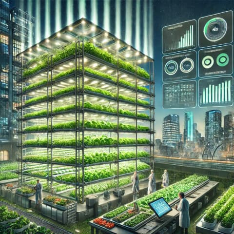 A multi-level indoor farm rack with LED lights illuminating rows of leafy greens
A control panel or dashboard showing real-time environmental data (temperature, humidity, nutrient levels) for a vertical farm
A cityscape with a building partially dedicated to vertical farming on multiple floors
Researchers or workers harvesting vegetables in a high-tech indoor vertical farming facility