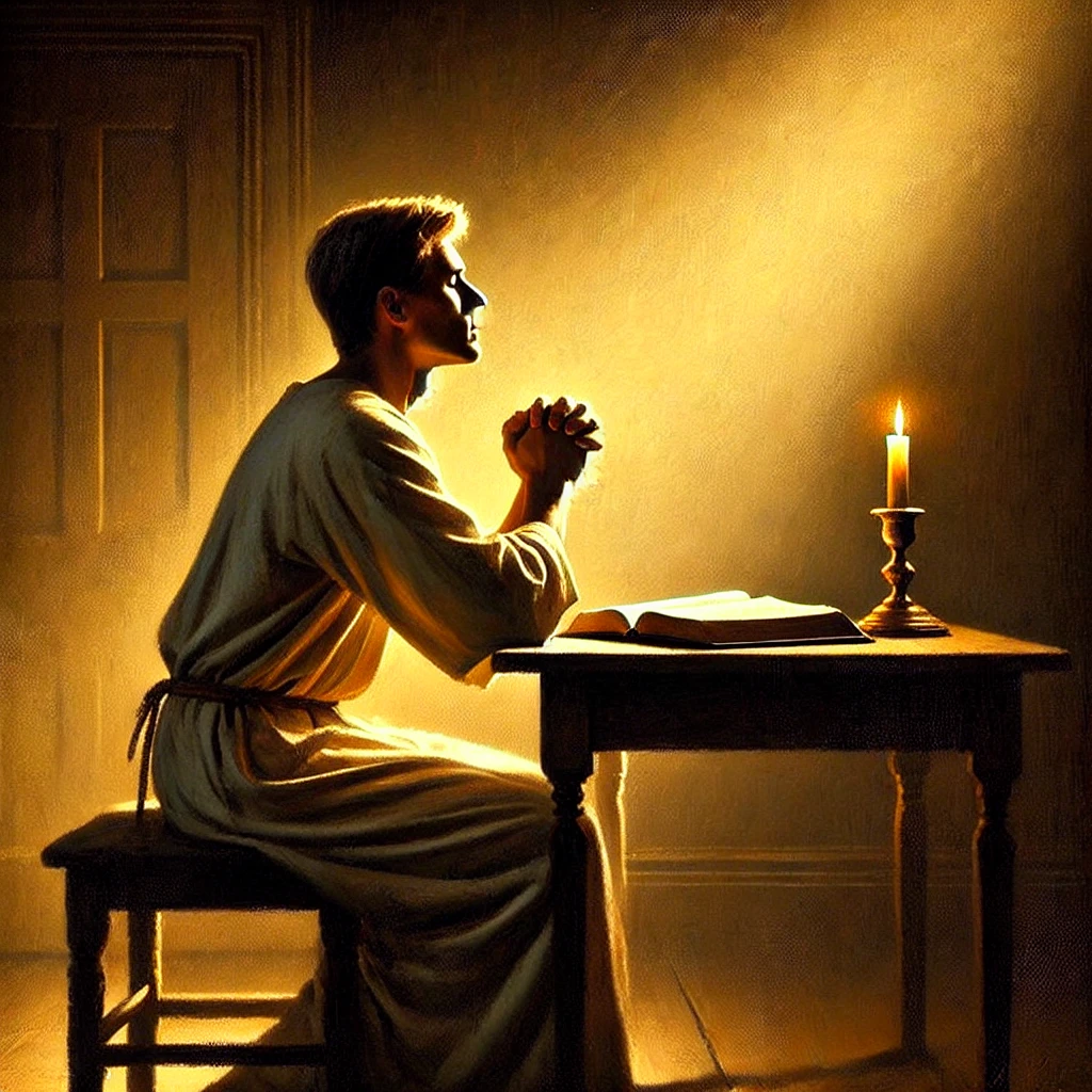 이미지는 창세기 7장 1절을 묵상하며, 하나님을 따르는 자로서 충성되고 신실한 삶을 살고자 간절히 기도하는 모습을 표현한 것입니다. 조용한 공간에서 말씀 앞에 무릎 꿇고 하나님의 세미한 음성을 듣고자 손을 들어 기도하는 모습은, 하나님과의 깊은 교제와 헌신을 담아내고 있습니다. 🙏✨📖