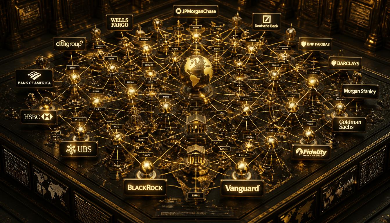An isometric visualization of global financial power structures with golden connections.