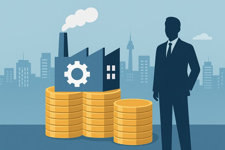 도시 배경 위에 공장과 금화, 비즈니스 인물이 배치된 스마트제조 지원 시각화