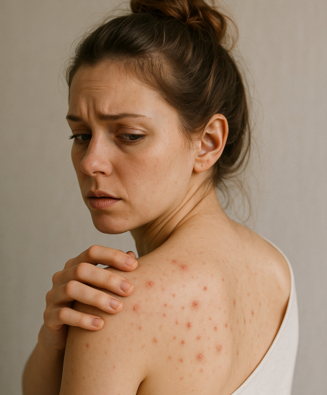 등 여드름 때문에 고민하는 여성 사진